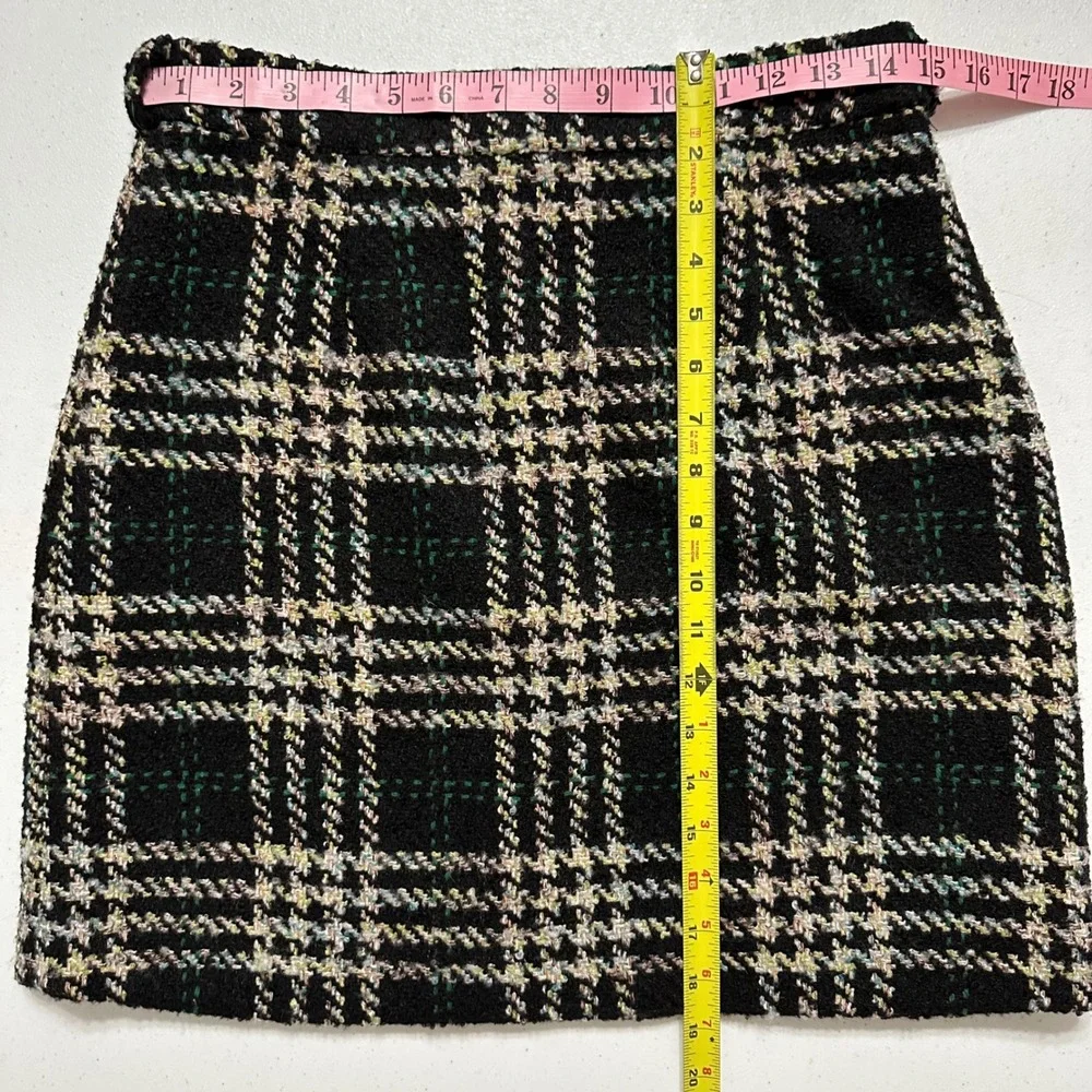 Lili Sidonio Black Tartan‎ Plaid Wool Blend Tweed Mini Skirt Pencil Belt Loops S